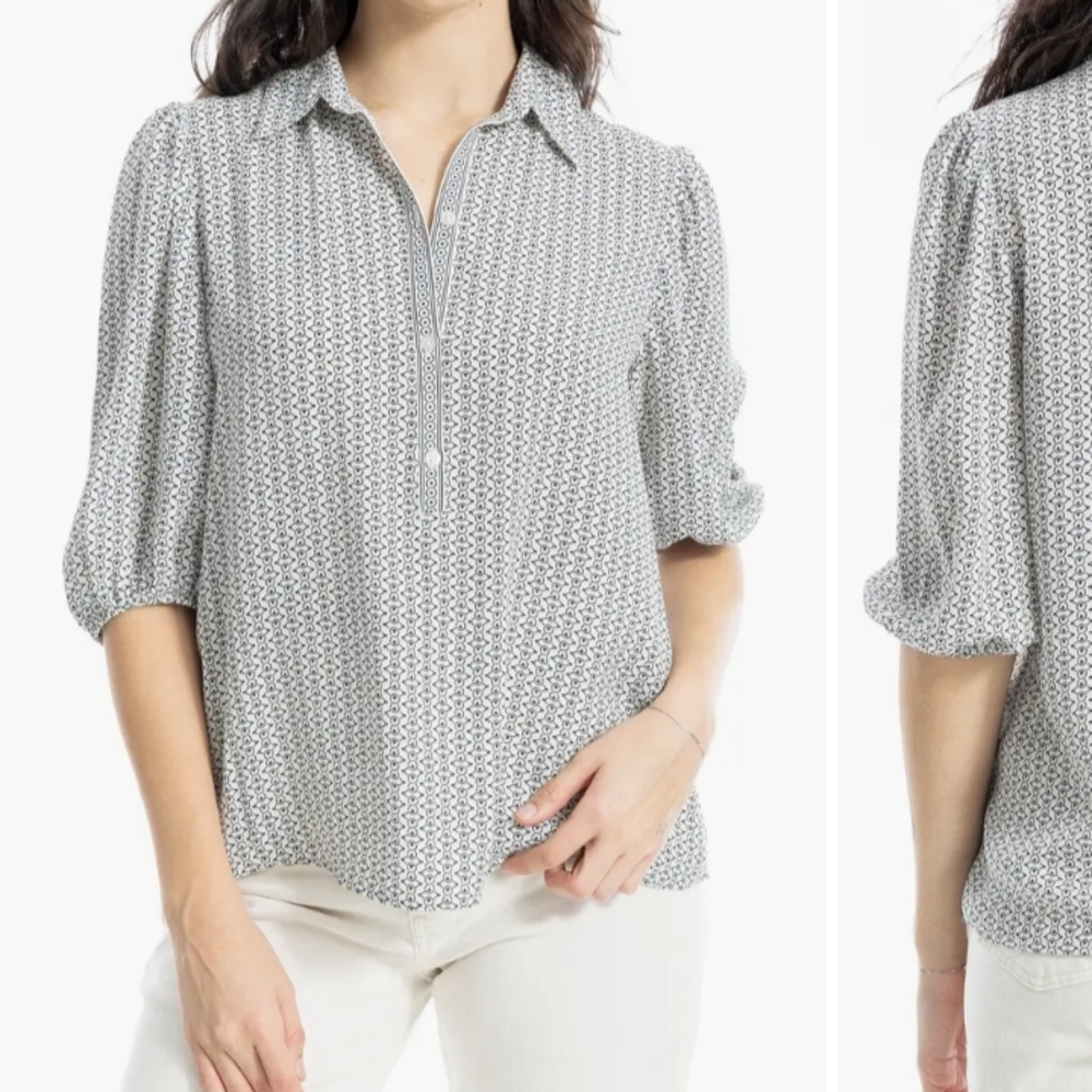 Max Studio-Half Sleeve Button Up-Black and White-Relaxed Fit-Puff Sleeves-Sz L